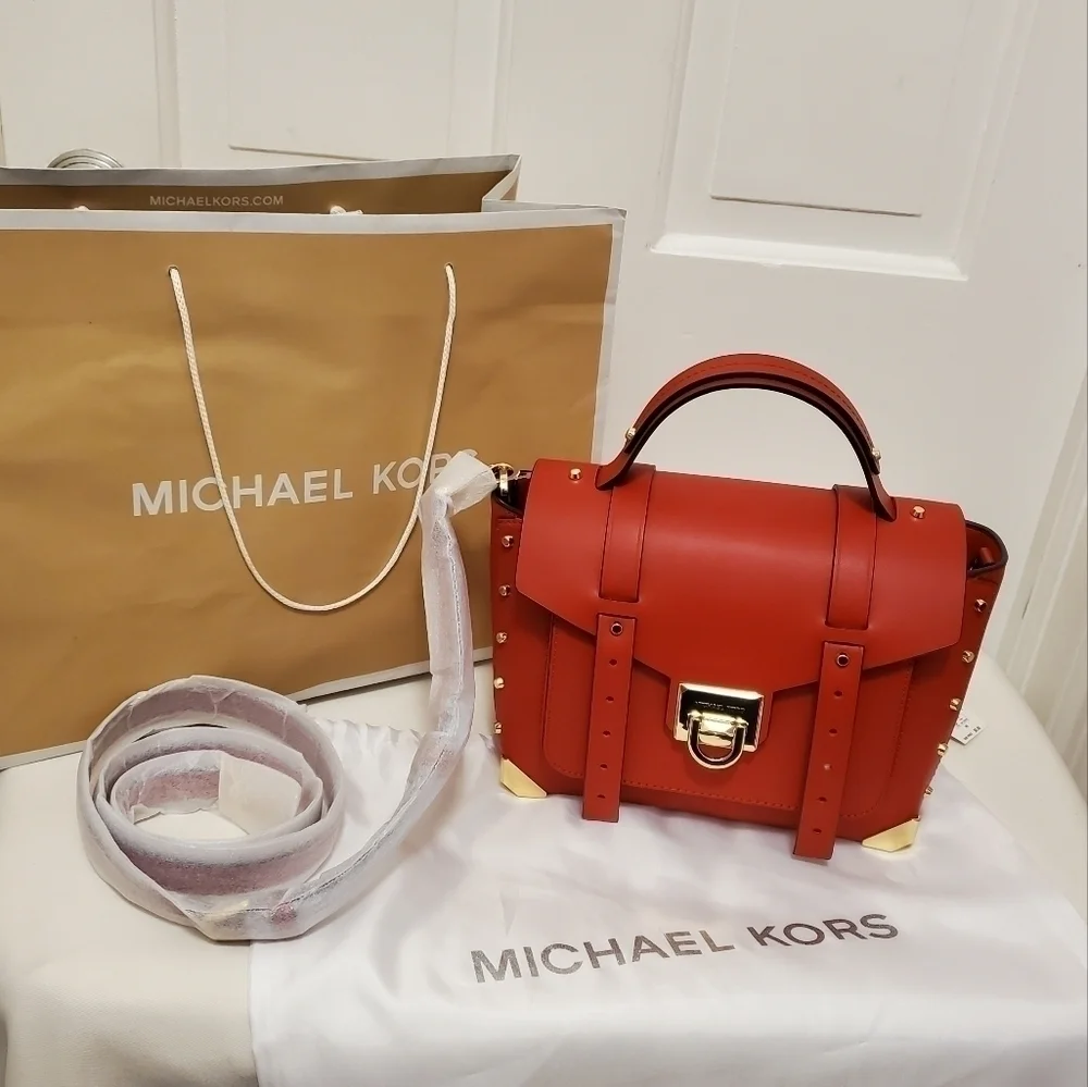 NWT Michael Kors Medium Manhattan Flame Red Leather Satchel/Crossbody